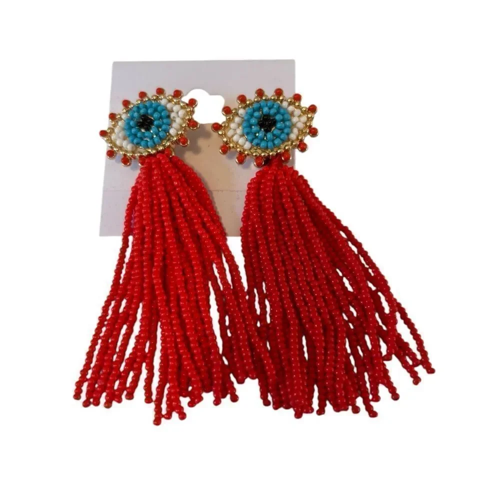 Baublebar Beaded Evil Eye Red Tassel Earrings. Super Fun!